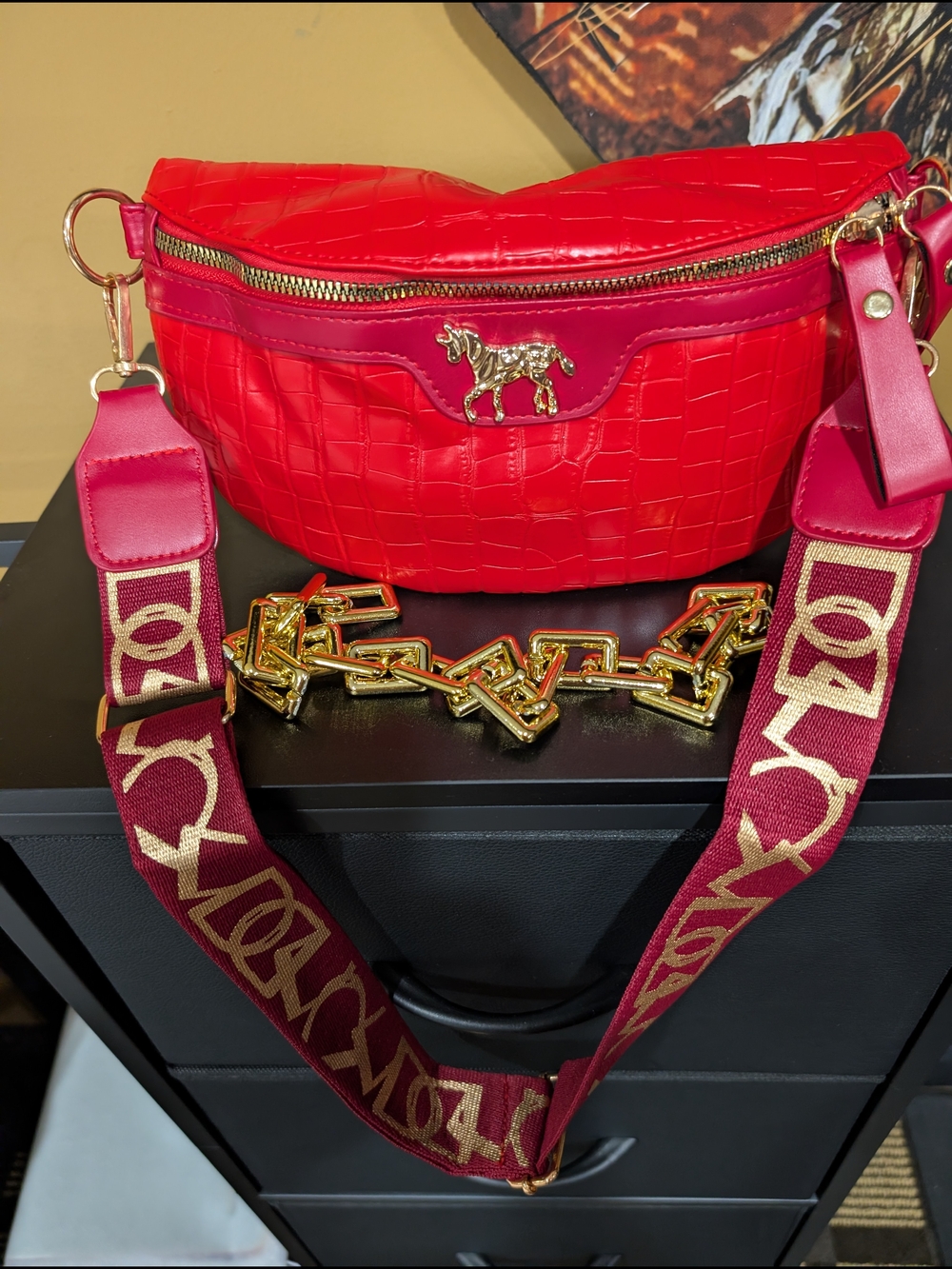 Red Croc-Texture Crossbody Bag with Horse Accent